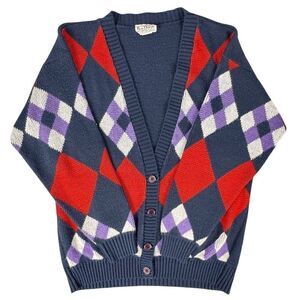 Nan Dorsey Women's Argyle Cardigan Sweater Multicolor Size L Vintage